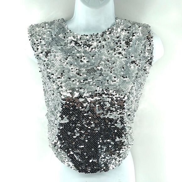 Marc New York silver sequin sleeveless top blouse NEW elastic waist shoulder pad - Picture 12 of 12
